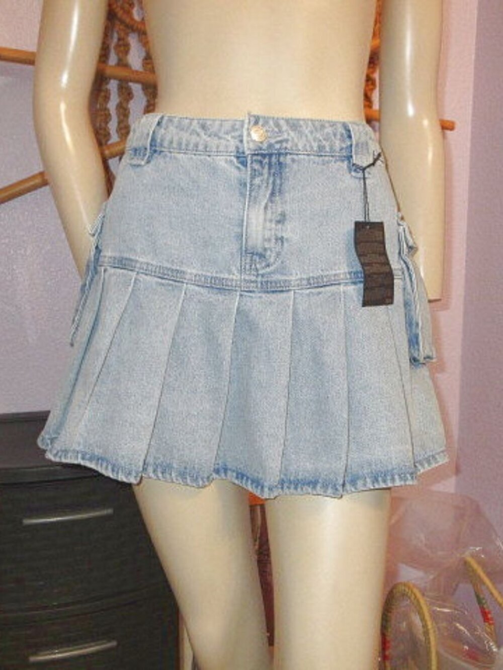 Pleated Denim Jean Skirt Size L 32 Mini Cargo Britney 90s Y2K Coquette Boho NWT